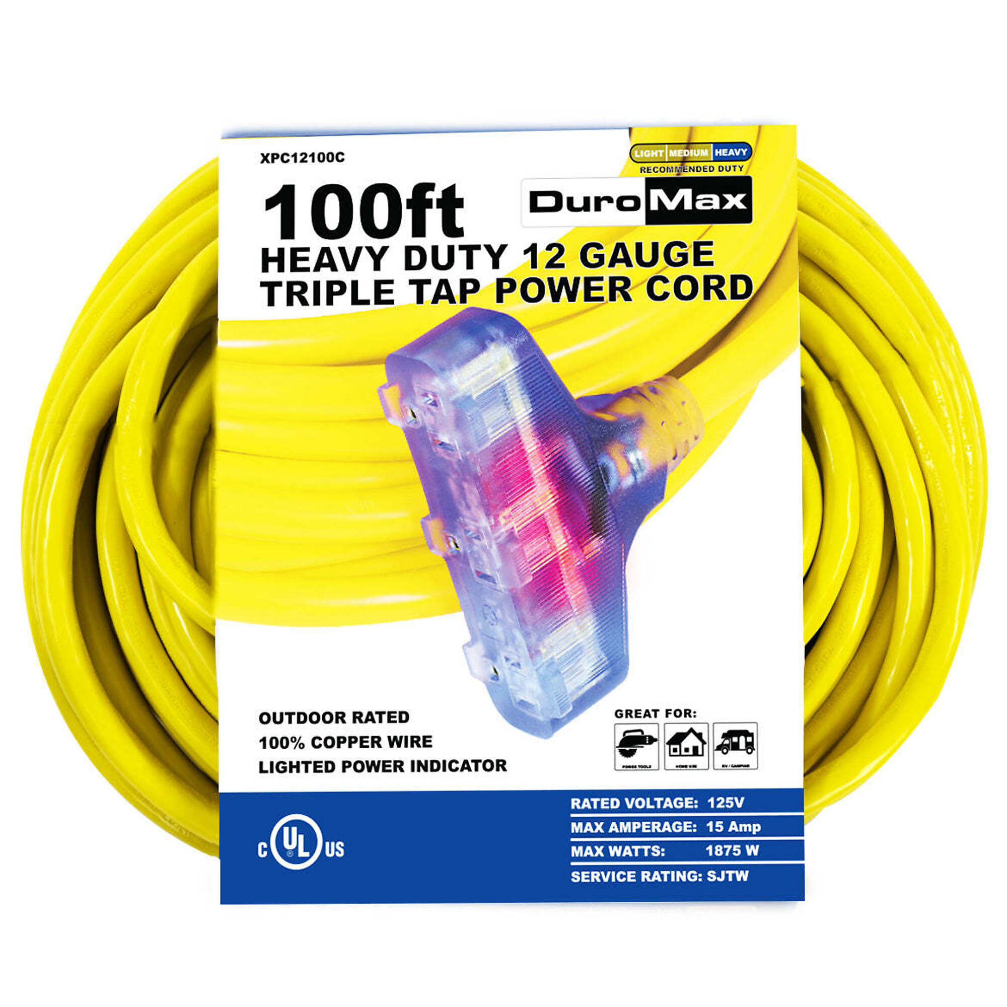 DuroMax, 100ft. 12 Gauge Triple Tap Extension Outlet Cord, Amps 15, Cord Length 100 ft, Max. Volts 120, Model# XPC12100C